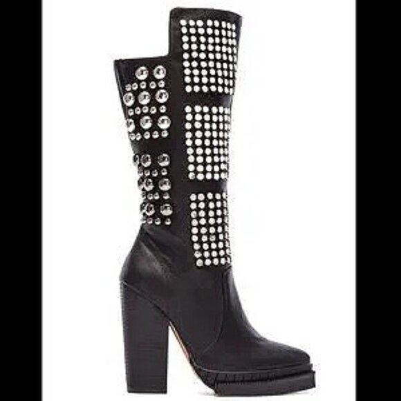 💥SHOWSTOPPER!💥JEFFREY CAMPBELL Genuine Leather Heel Studded Boots in Black - Picture 1 of 14